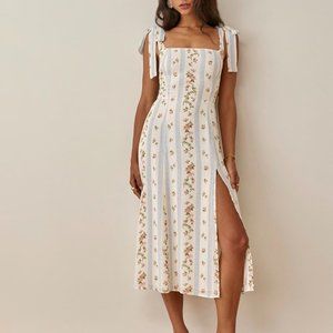 Reformation White Floral Stripe Midi Dress with Pink Green Accents